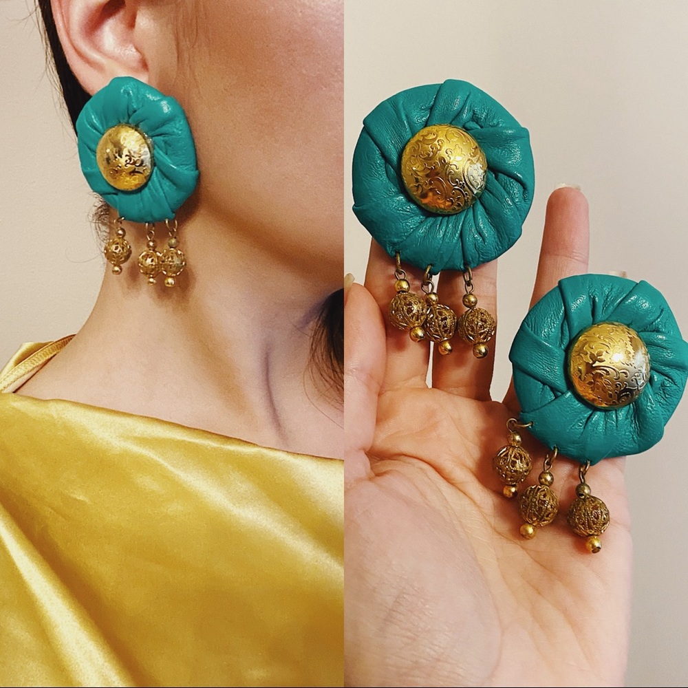 Vintage Teal Leather Dangly Statement Earrings